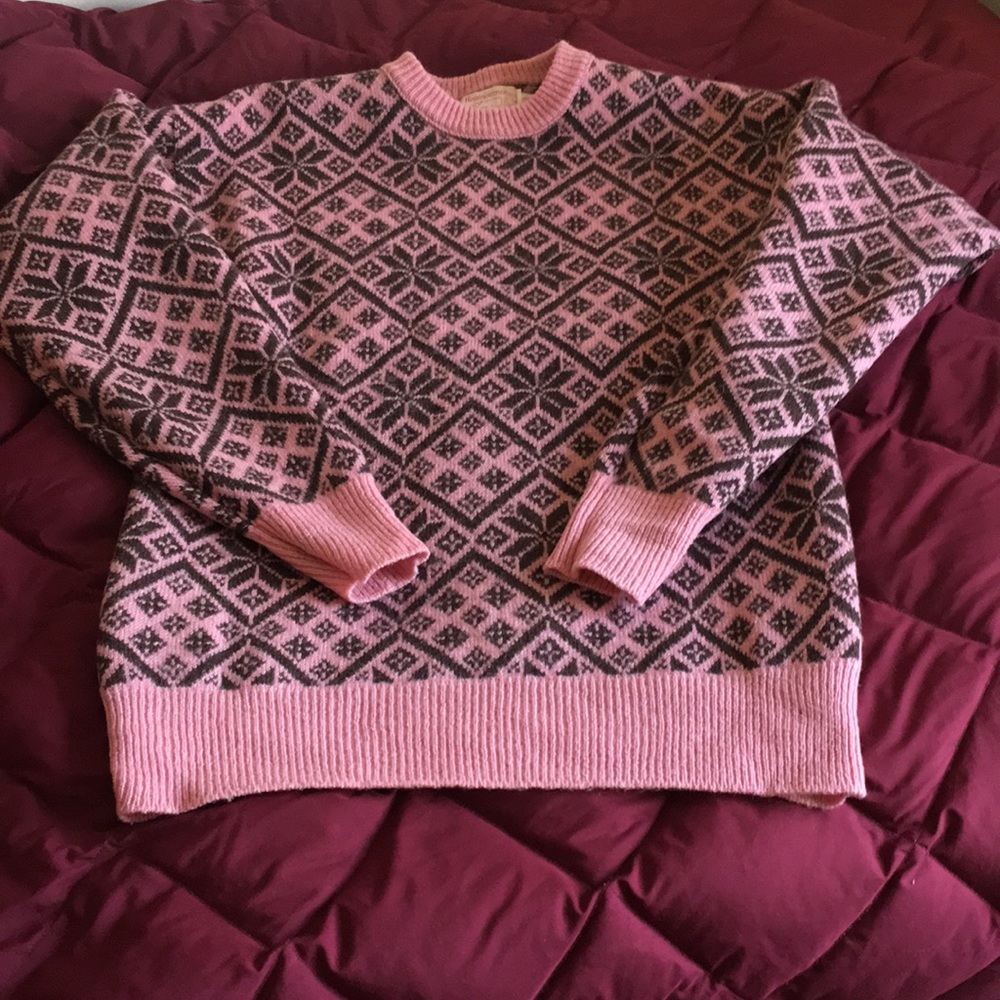 VTG Reminiscence Pink Brown Snowflake 100% Wool Sweater